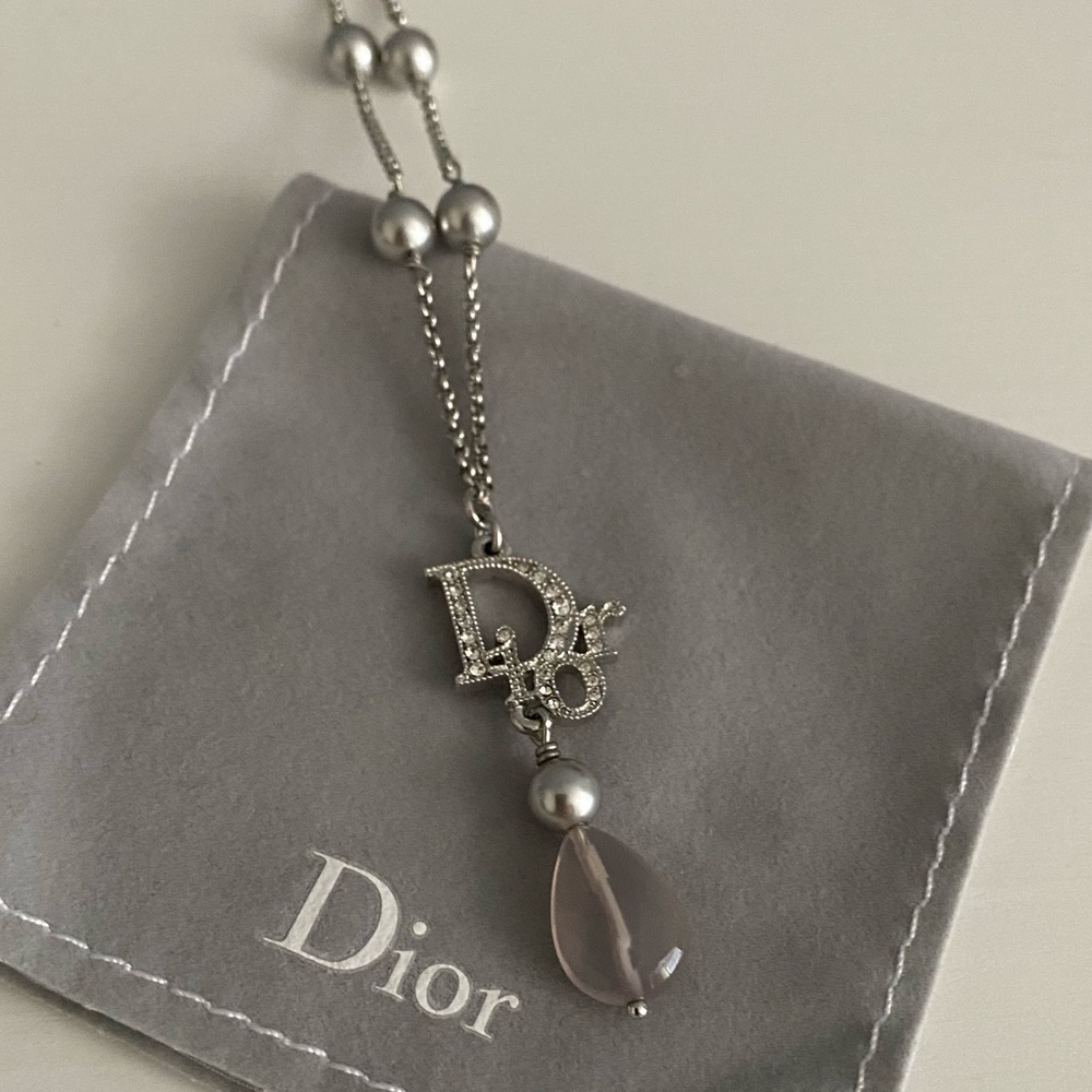 RARE Elegant Dior Logo Necklace w/ Grey Agate